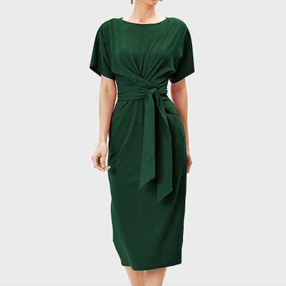 eshakti Dresses & Skirts - ESHAKTI Dark Green Asymmetric Sash Tie Belt Cotton Jersey Sheath Dress L/14
